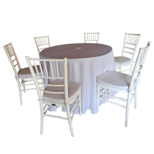 Conjunto de mesa redonda com 1,10 m de diâmetro e 6 cadeiras tiffanys brancas. 